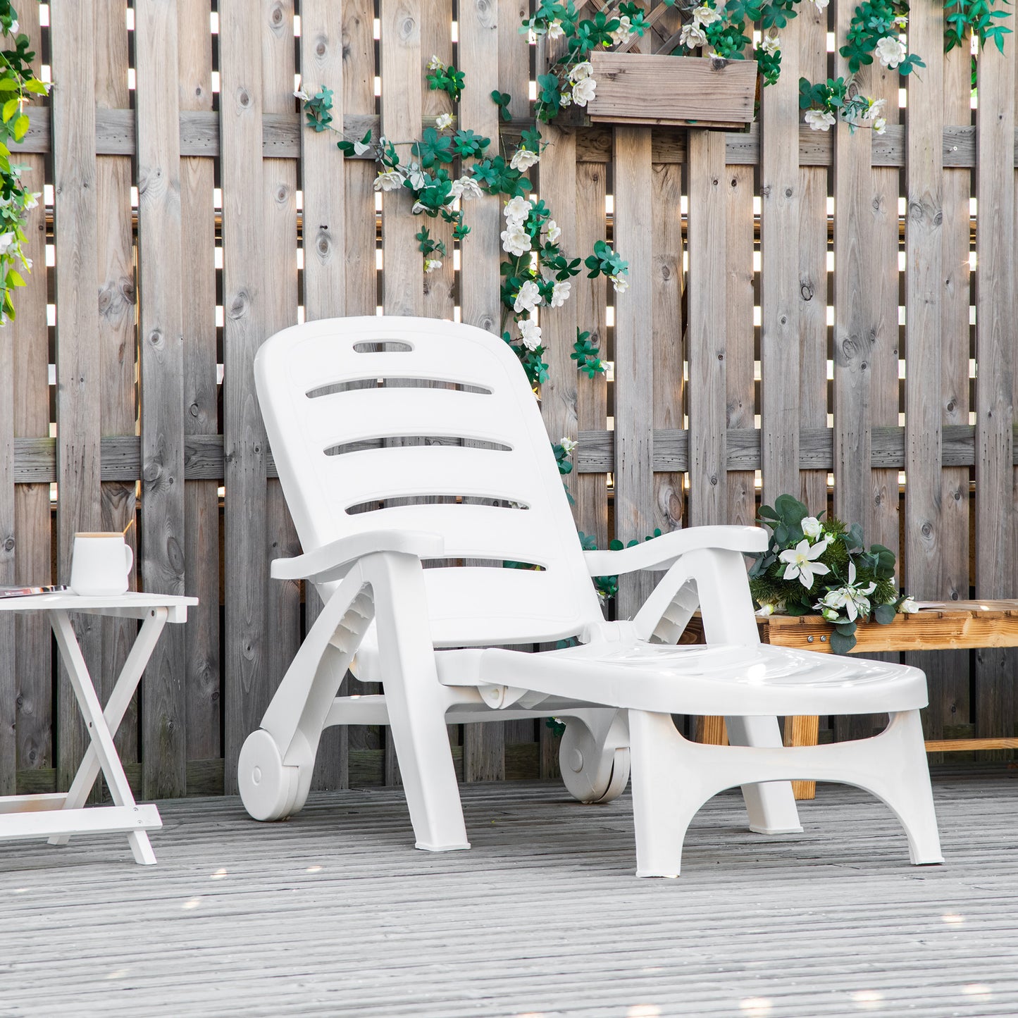 Patio Folding Lounge Chair Recliner with Wheels & 5-Position Backrest