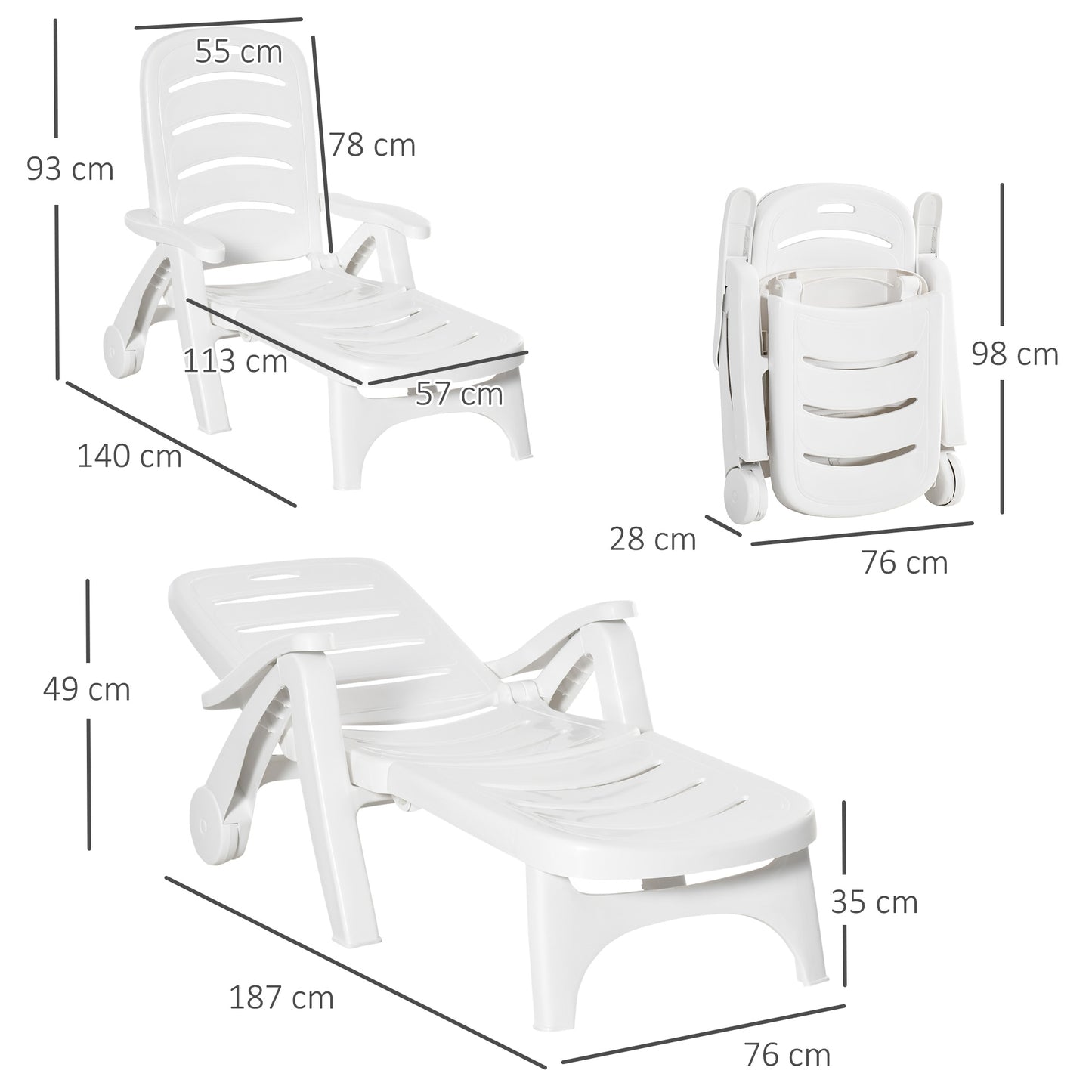 Patio Folding Lounge Chair Recliner with Wheels & 5-Position Backrest