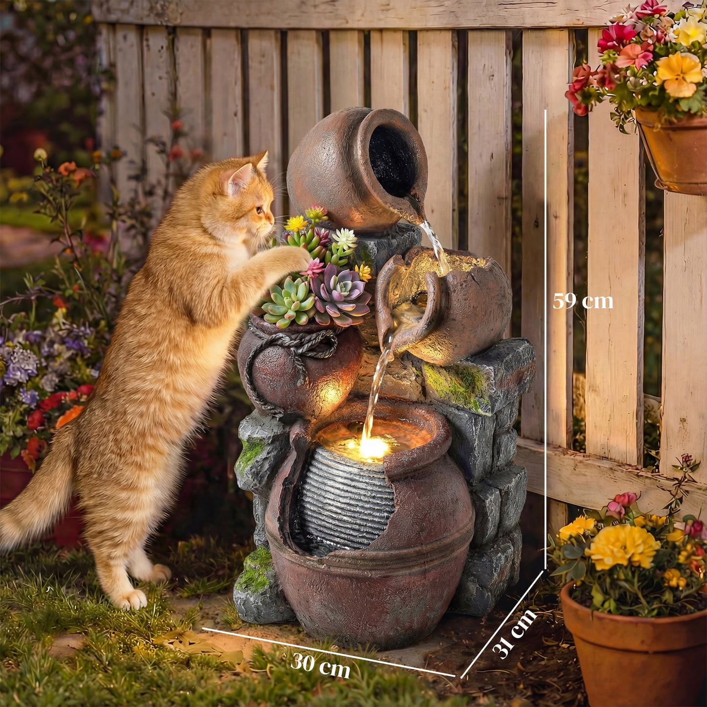 Outdoor Fountain with LED Lights, 4-Tier Garden Fountain