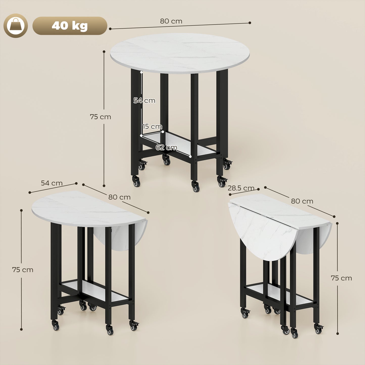 Folding Dining Table, Drop Leaf Table with Open Shelf, White Marble