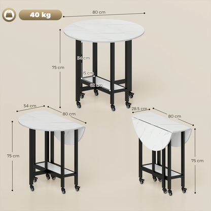 Folding Dining Table, Drop Leaf Table with Open Shelf, White Marble