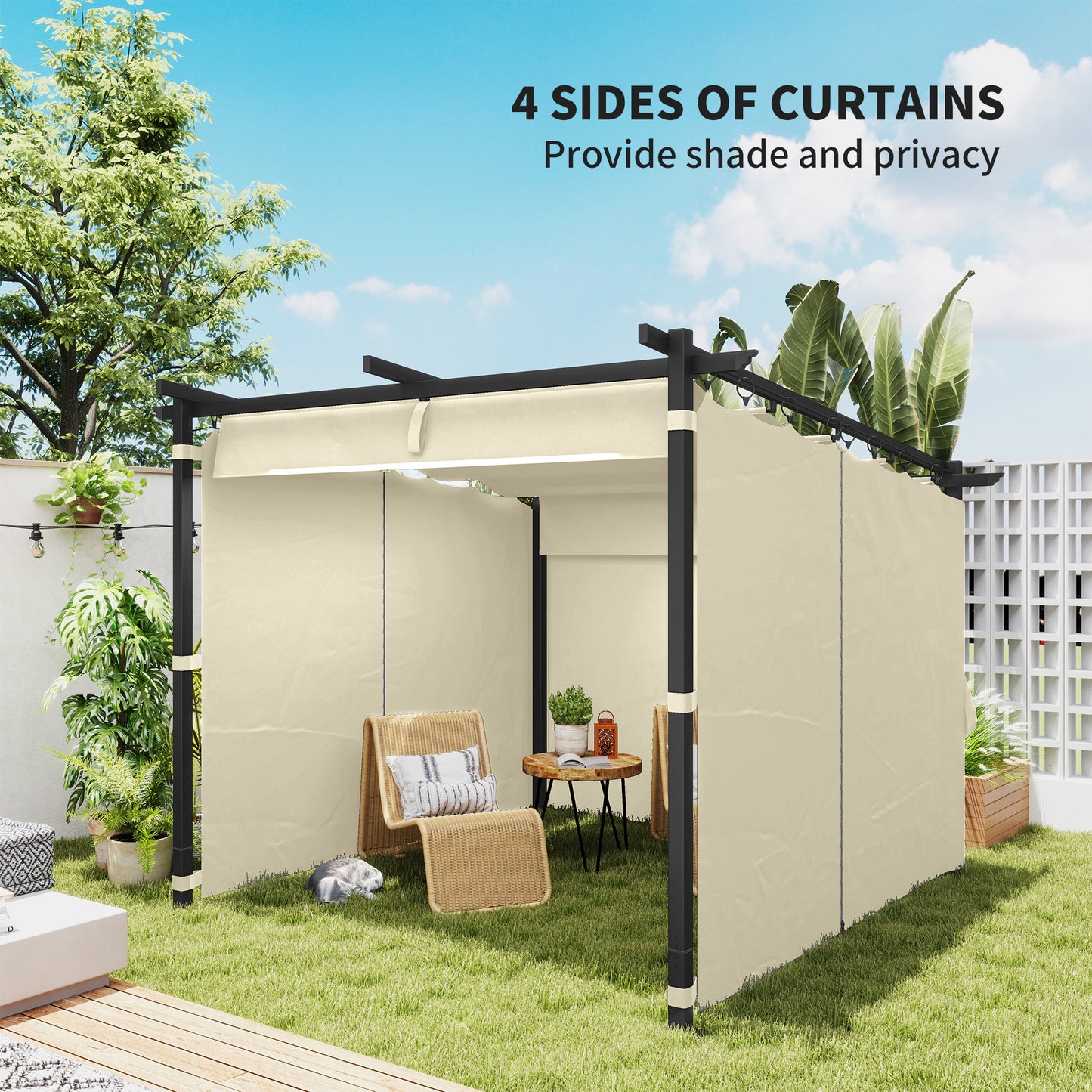 3 x 3(m) Metal Pergola with Retractable Roof and Sidewalls, Beige