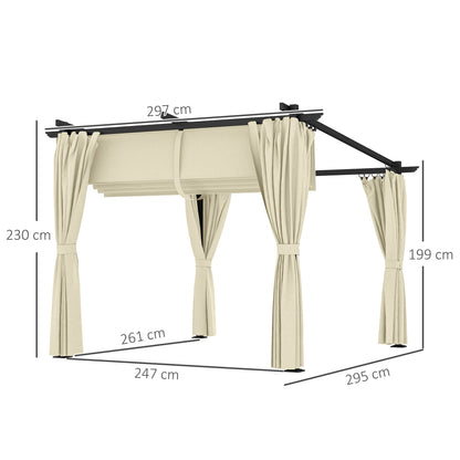3 x 3(m) Metal Pergola with Retractable Roof and Sidewalls, Beige