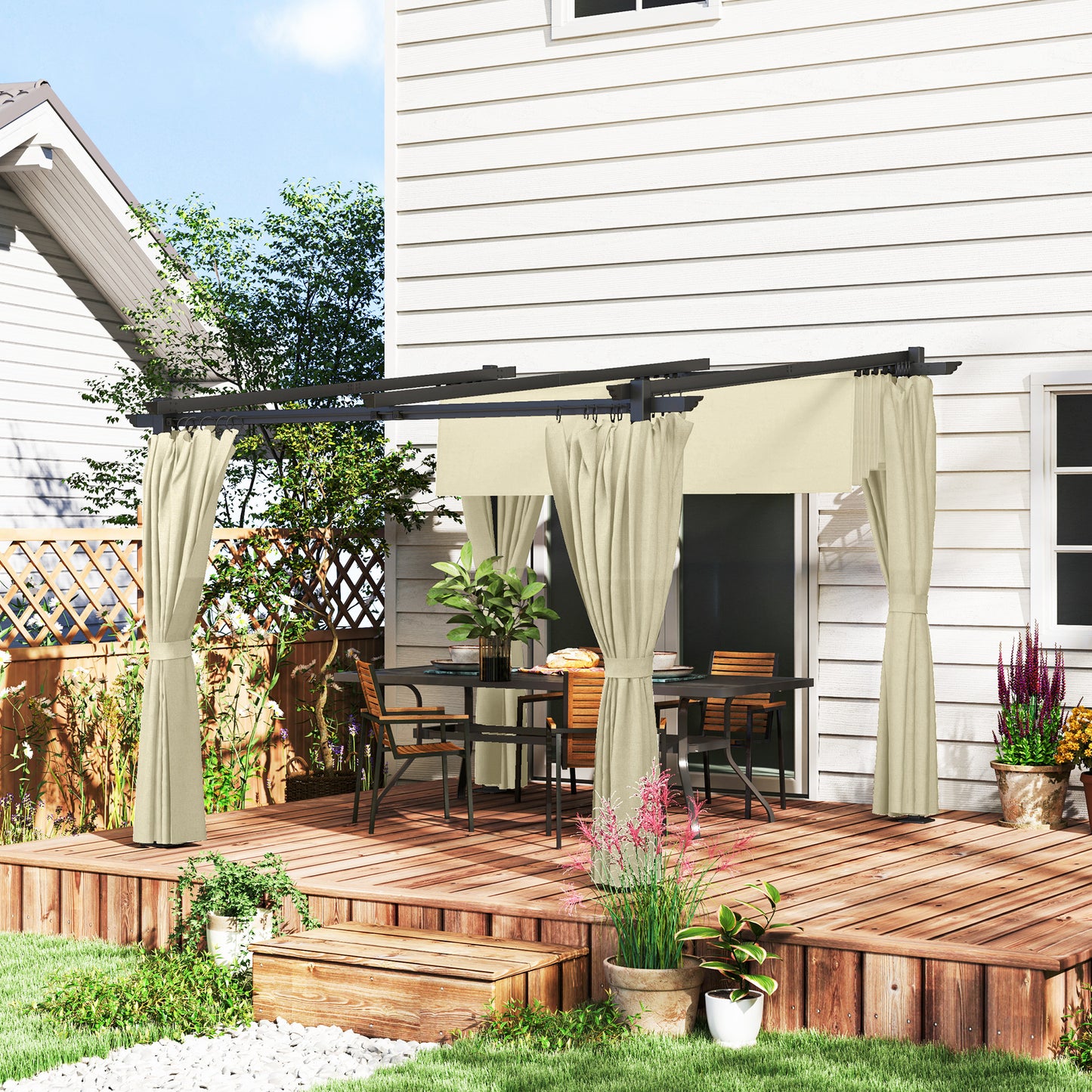 3 x 3(m) Metal Pergola with Retractable Roof and Sidewalls, Beige