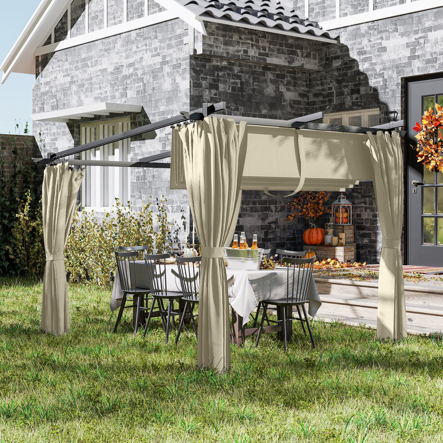 3 x 3(m) Metal Pergola with Retractable Roof and Sidewalls, Beige