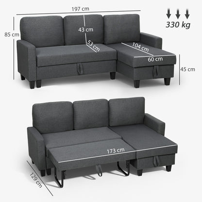Three-Seater Storage Sofa Bed - Fold-Out Convertible Sofa Bed with Removable Covers, Charcoal Grey