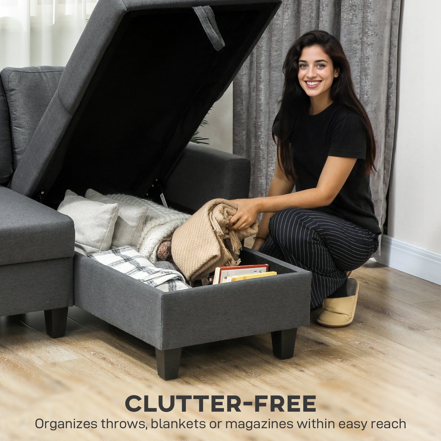 Three-Seater Storage Sofa Bed - Fold-Out Convertible Sofa Bed with Removable Covers, Charcoal Grey