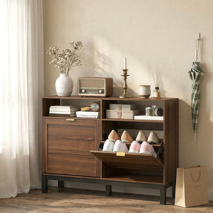 Narrow Shoe Cabinet with 2 Flip Drawers, Modern Shoe Storage Cabinet