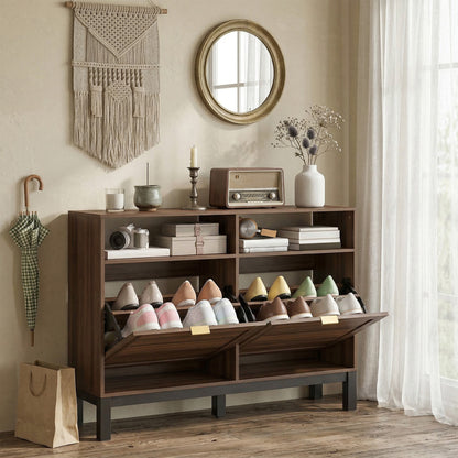 Narrow Shoe Cabinet with 2 Flip Drawers, Modern Shoe Storage Cabinet