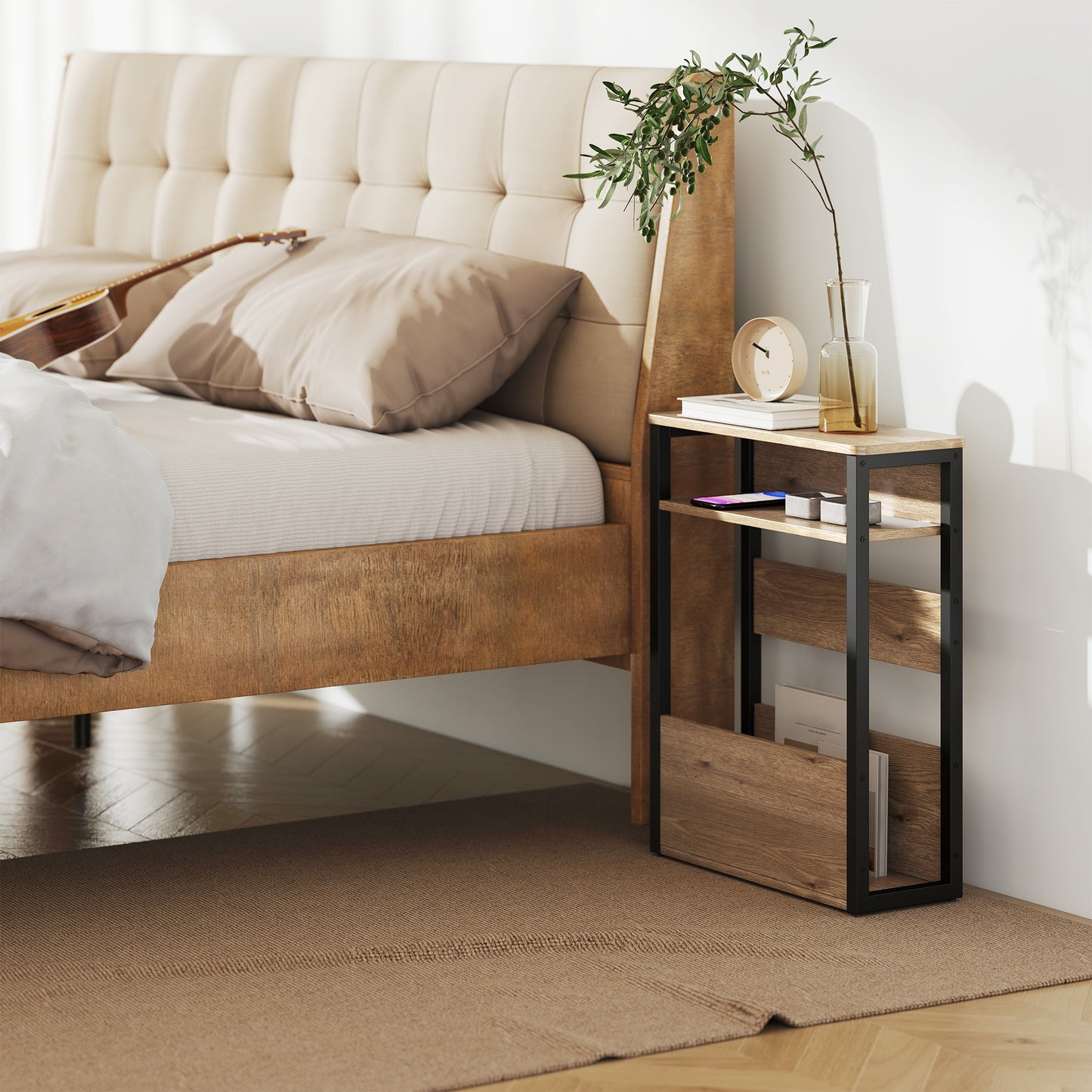 Narrow Side Table with Storage, Bedside End Table, Walnut Brown