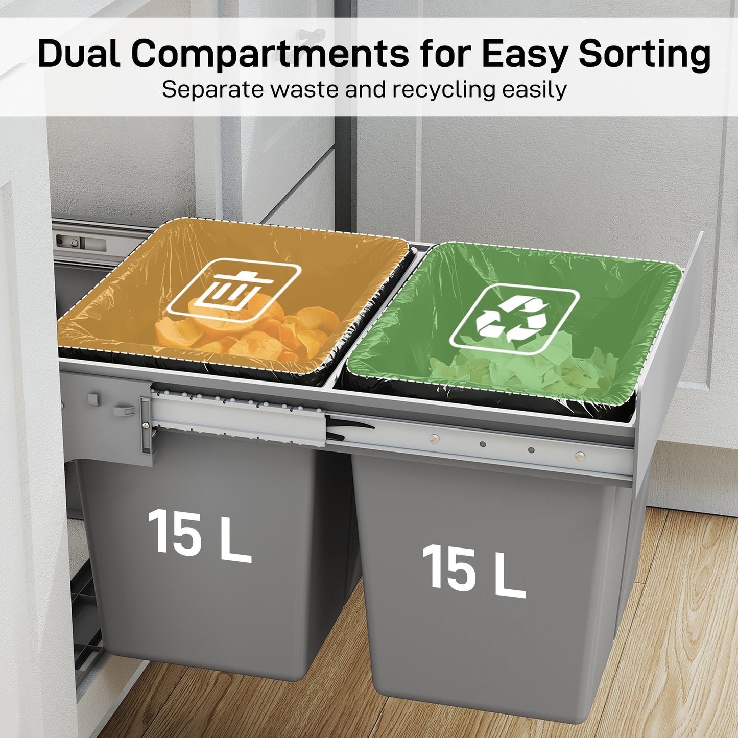 Soft Close Pull Out Bin, Under Sink Bin - 2 Compartments (15L Each)