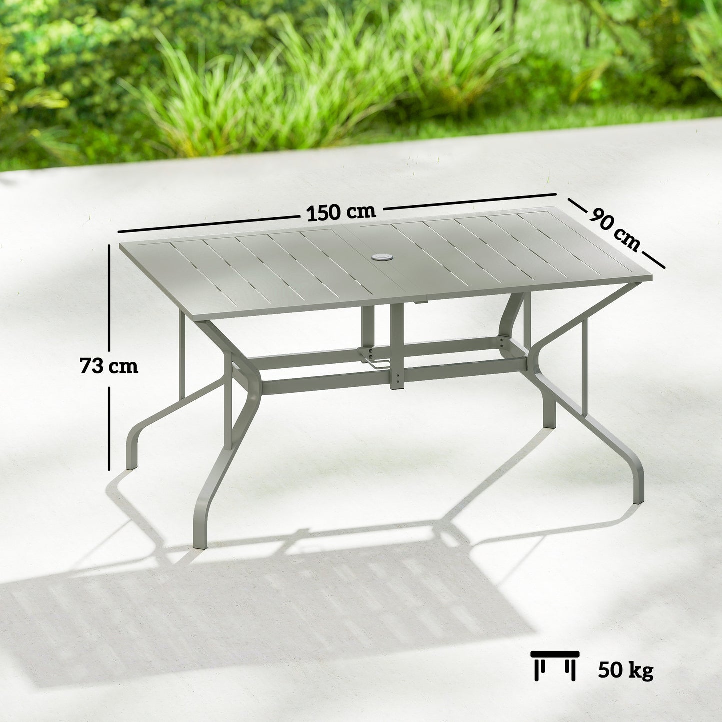 Garden Dining Table with Steel Frame and Slatted Top, Light Grey