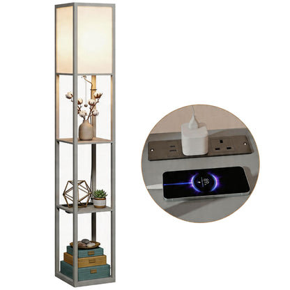 3-Tier Floor Lamp with Shelves and Storage, Modern Corner Standing Lamp with Lampshade, Reading Light with Foot Switch for Living Room, Bedroom, Home Office, LED Bulb Included, Grey