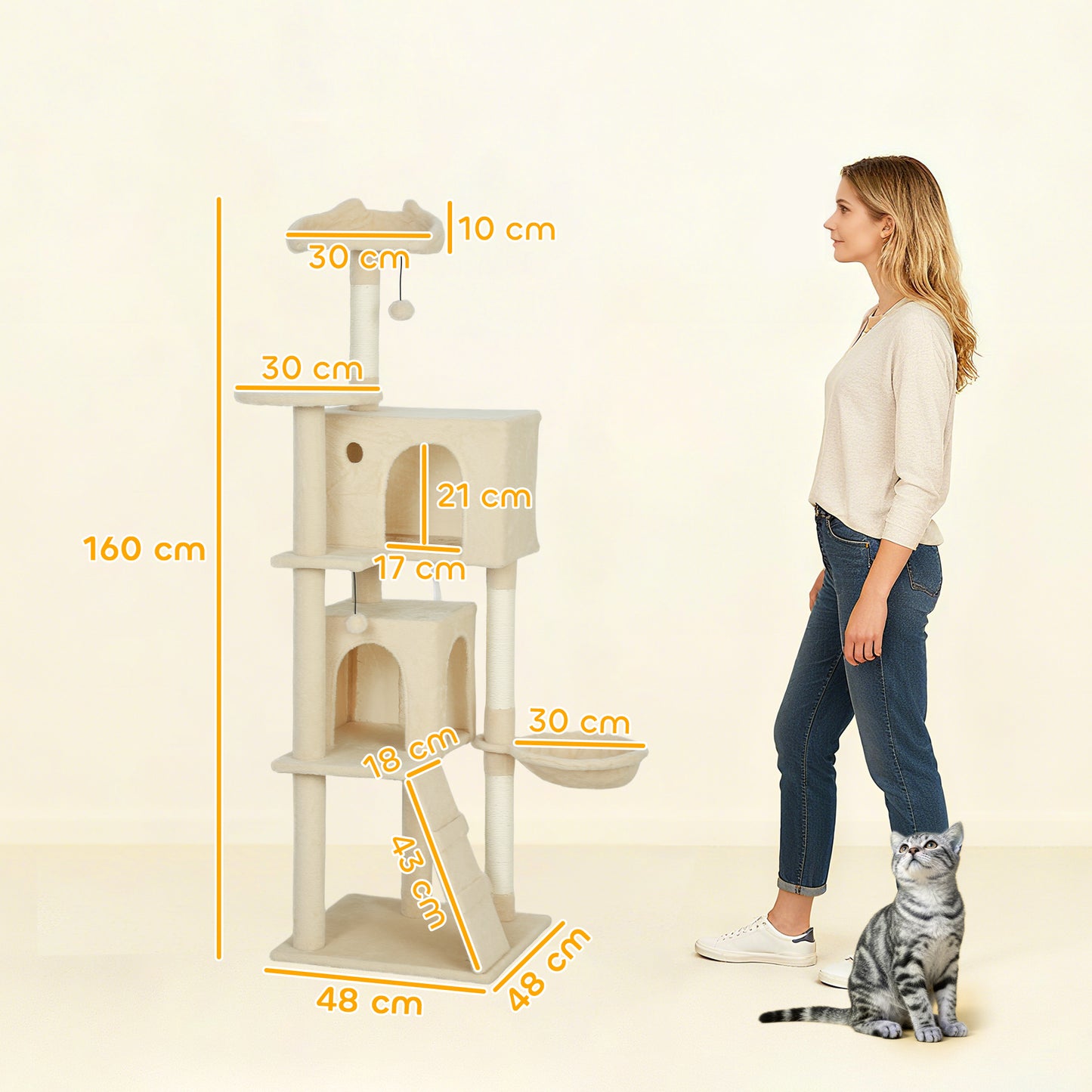 160cm Cat Tree Tower with Sisal Scratching Posts, Condos, Beige