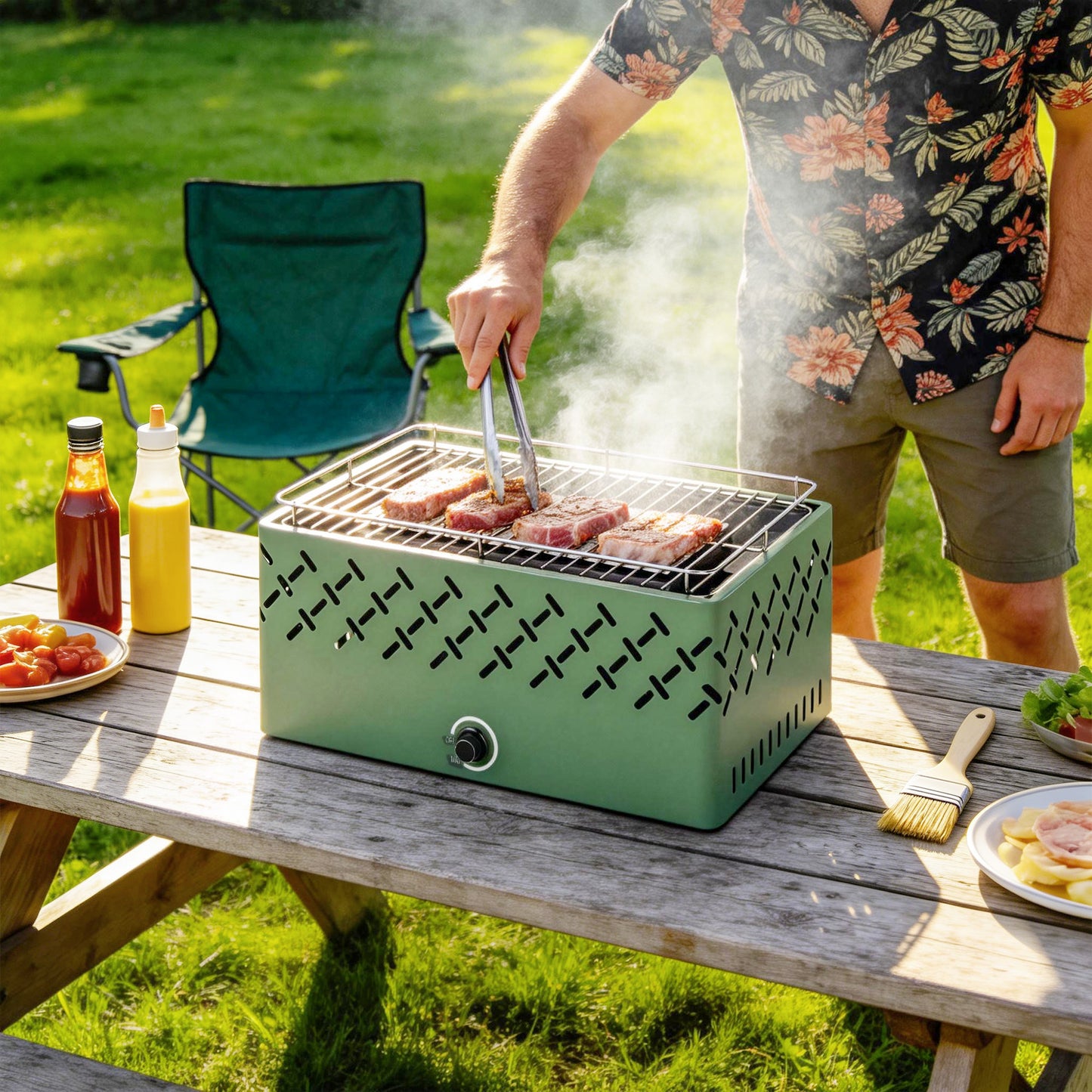 Portable Charcoal BBQ Grill with Built-in Fan, Light Green