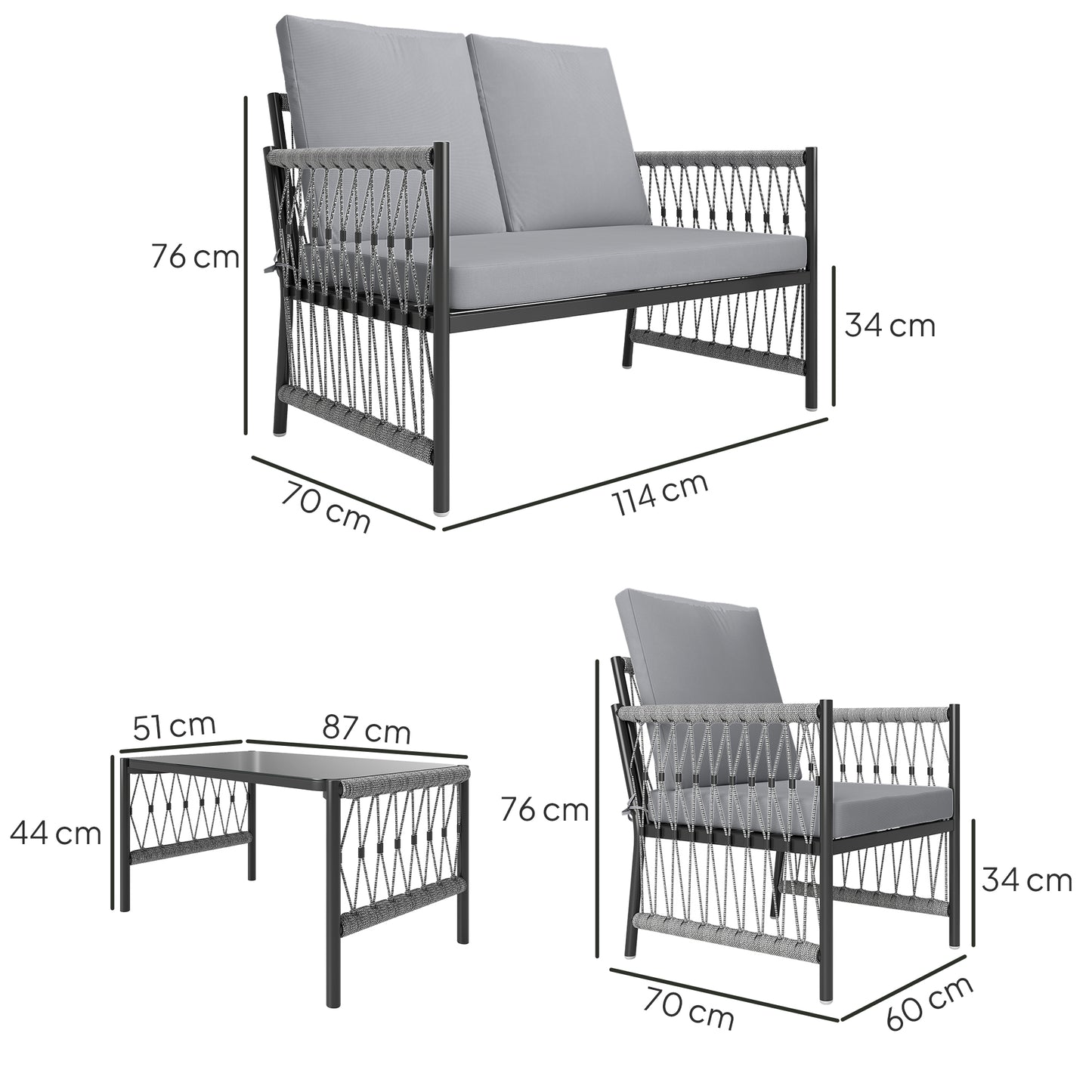 4 Seater Rattan Garden Sofa Set with Glass Top Coffee Table Grey
