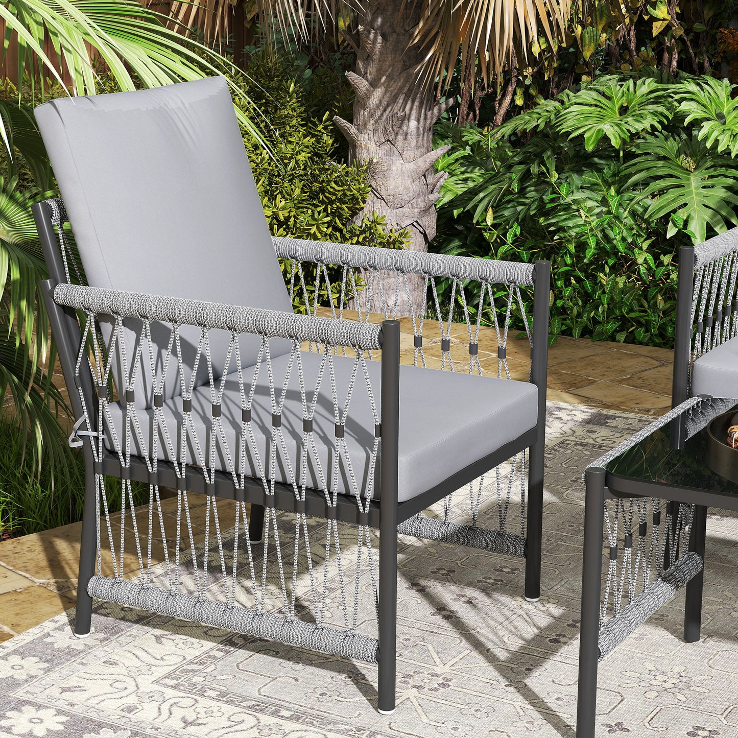 4 Seater Rattan Garden Sofa Set with Glass Top Coffee Table Grey