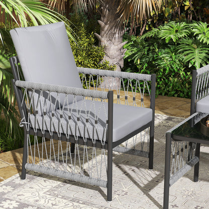 4 Seater Rattan Garden Sofa Set with Glass Top Coffee Table Grey