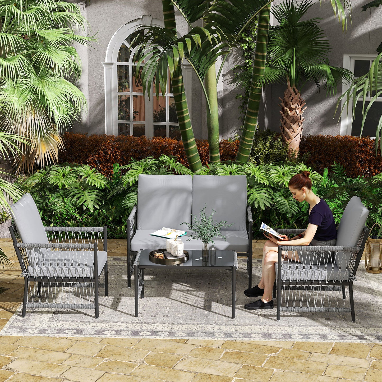 4 Seater Rattan Garden Sofa Set with Glass Top Coffee Table Grey