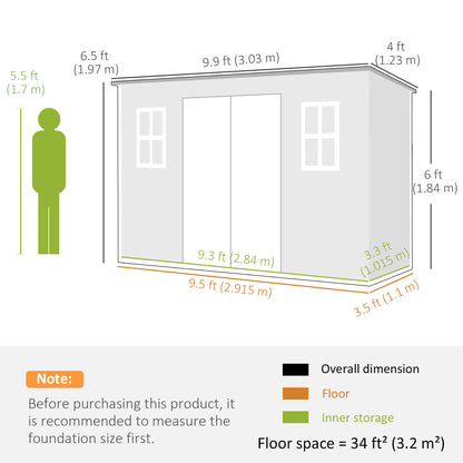 10 x 4 ft Plastic Garden Shed with Floor, Lockable Doors, Grey