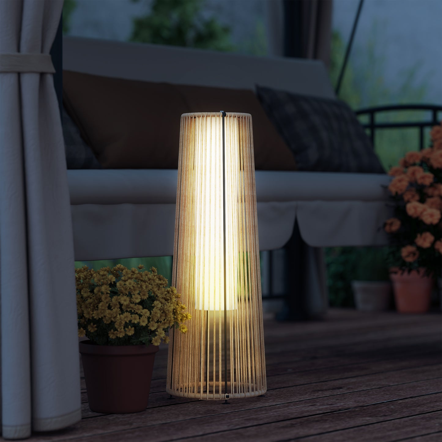 Garden Solar Powered Lights Woven Wicker Lantern Auto On/Off, Beige