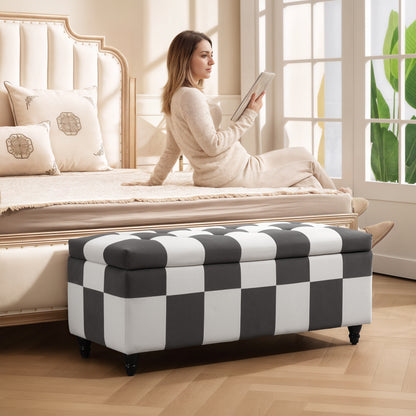 Velvet Storage Ottoman, Button-tufted Footstool Box, Toy Chest with Lid for Living Room, Bedroom, Dark Grey and White
