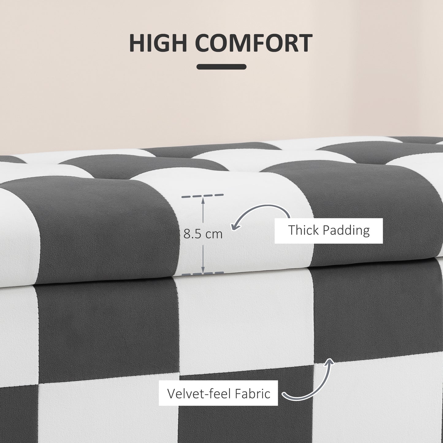 Velvet Storage Ottoman, Button-tufted Footstool Box, Toy Chest with Lid for Living Room, Bedroom, Dark Grey and White