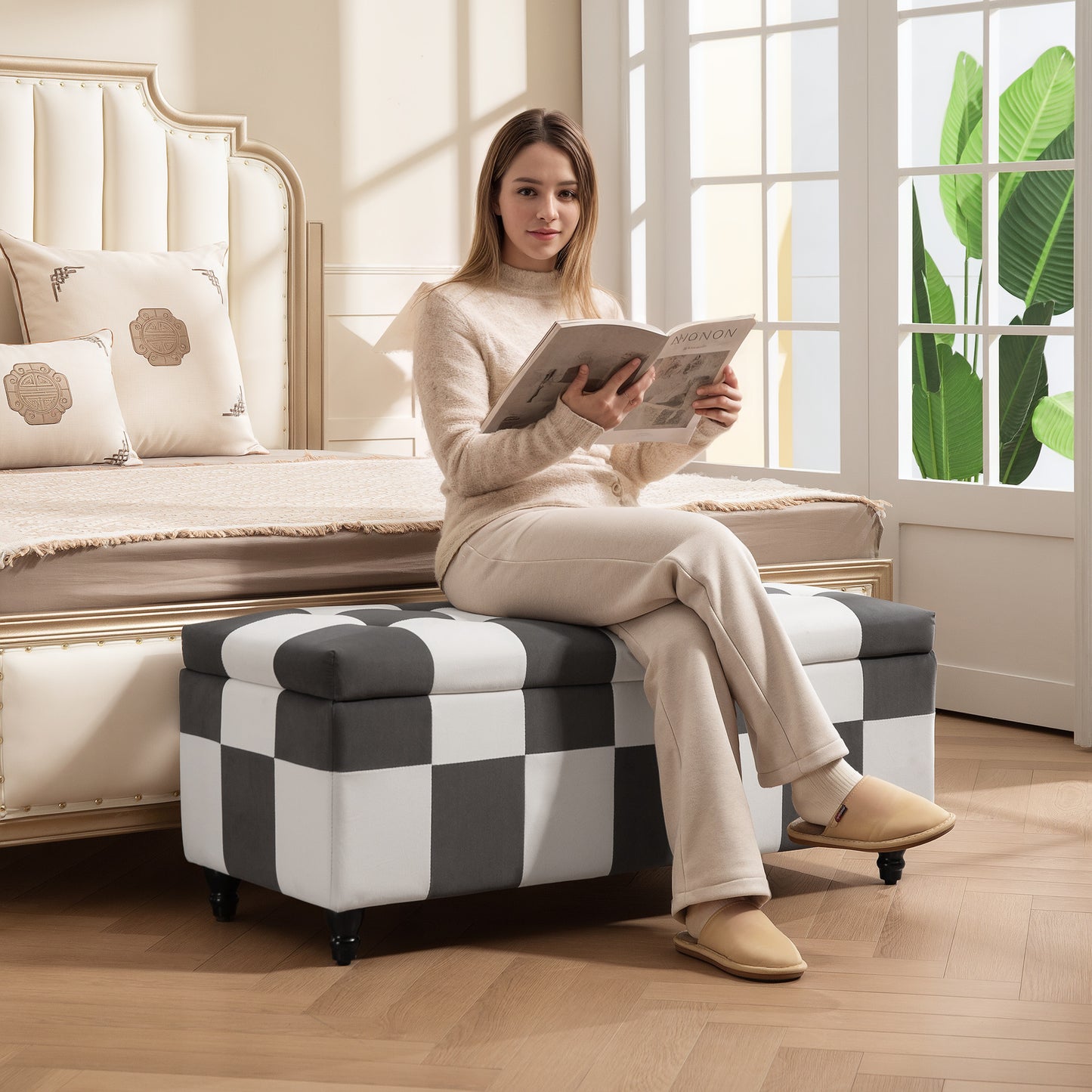 Velvet Storage Ottoman, Button-tufted Footstool Box, Toy Chest with Lid for Living Room, Bedroom, Dark Grey and White