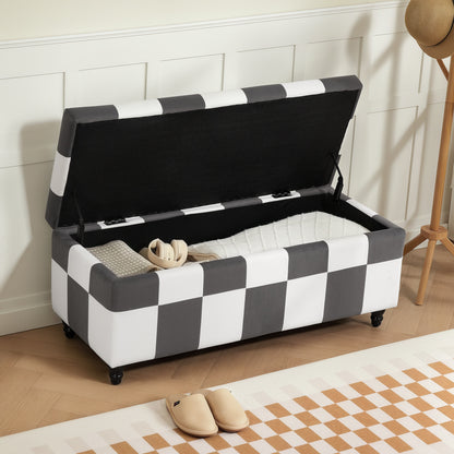 Velvet Storage Ottoman, Button-tufted Footstool Box, Toy Chest with Lid for Living Room, Bedroom, Dark Grey and White