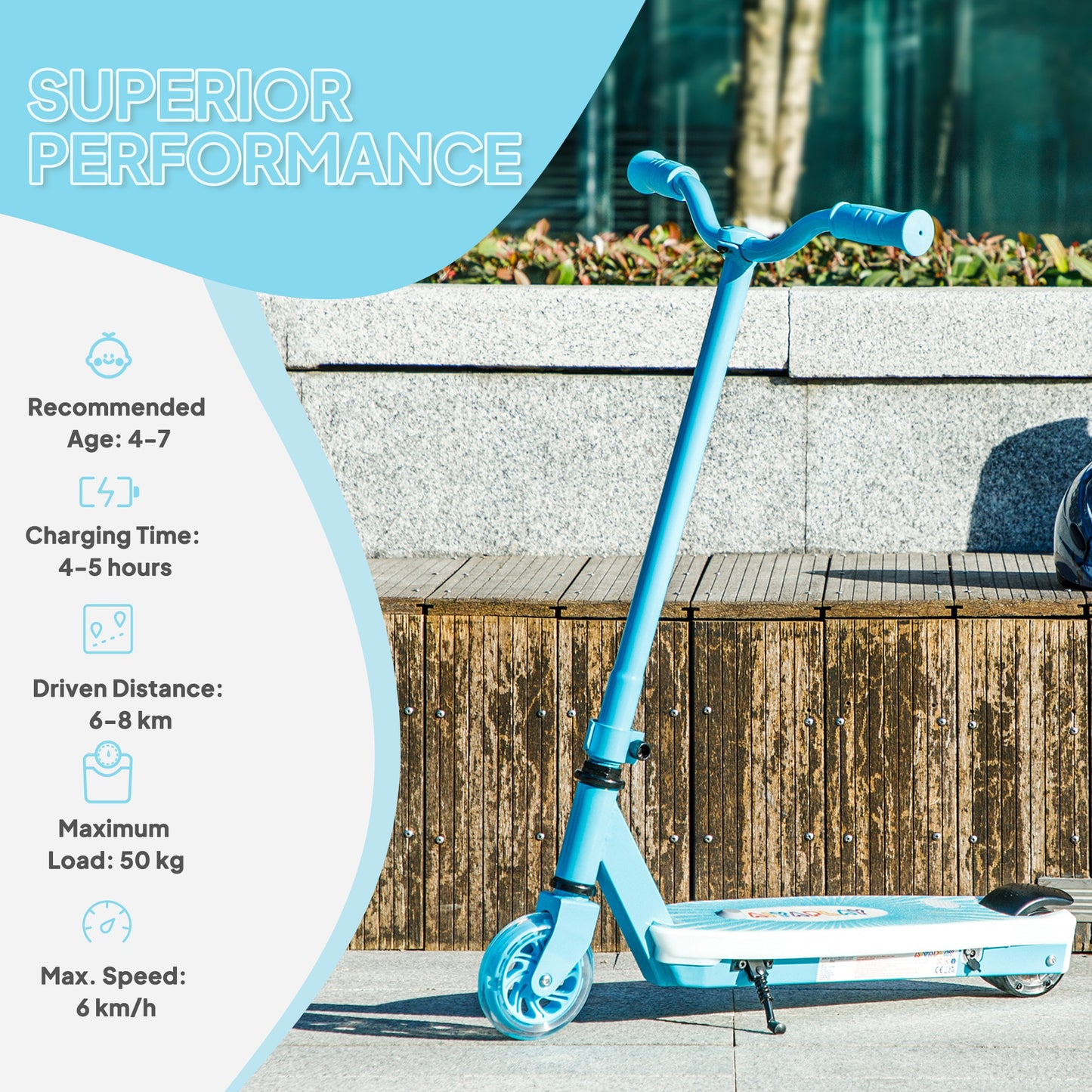 Electronic Ride on Scooter for Kids w/ Auxiliary Rear Wheels, Blue