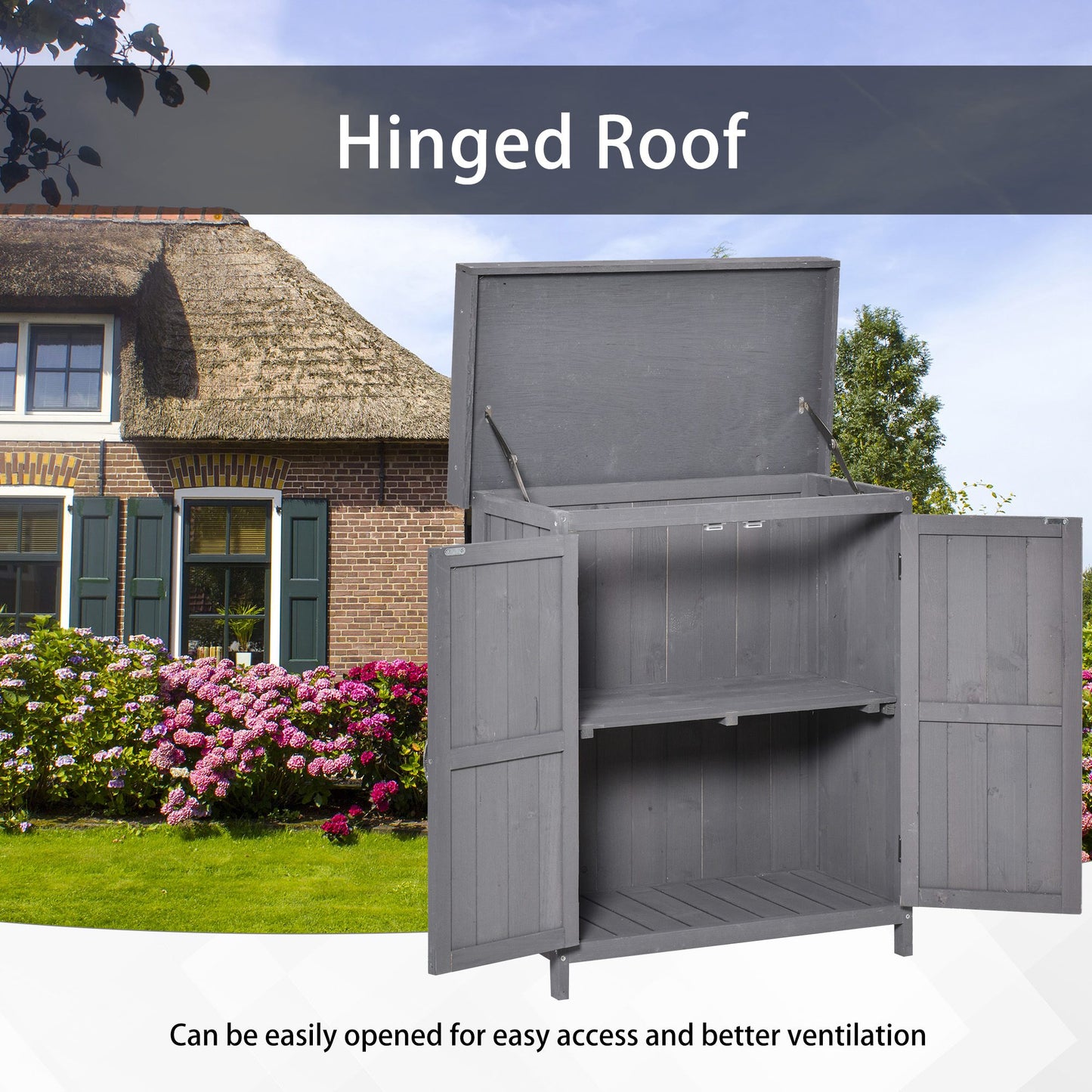 Wooden Garden Storage Shed with Hinged Roof and Shelves, 74 x 43 x 88cm