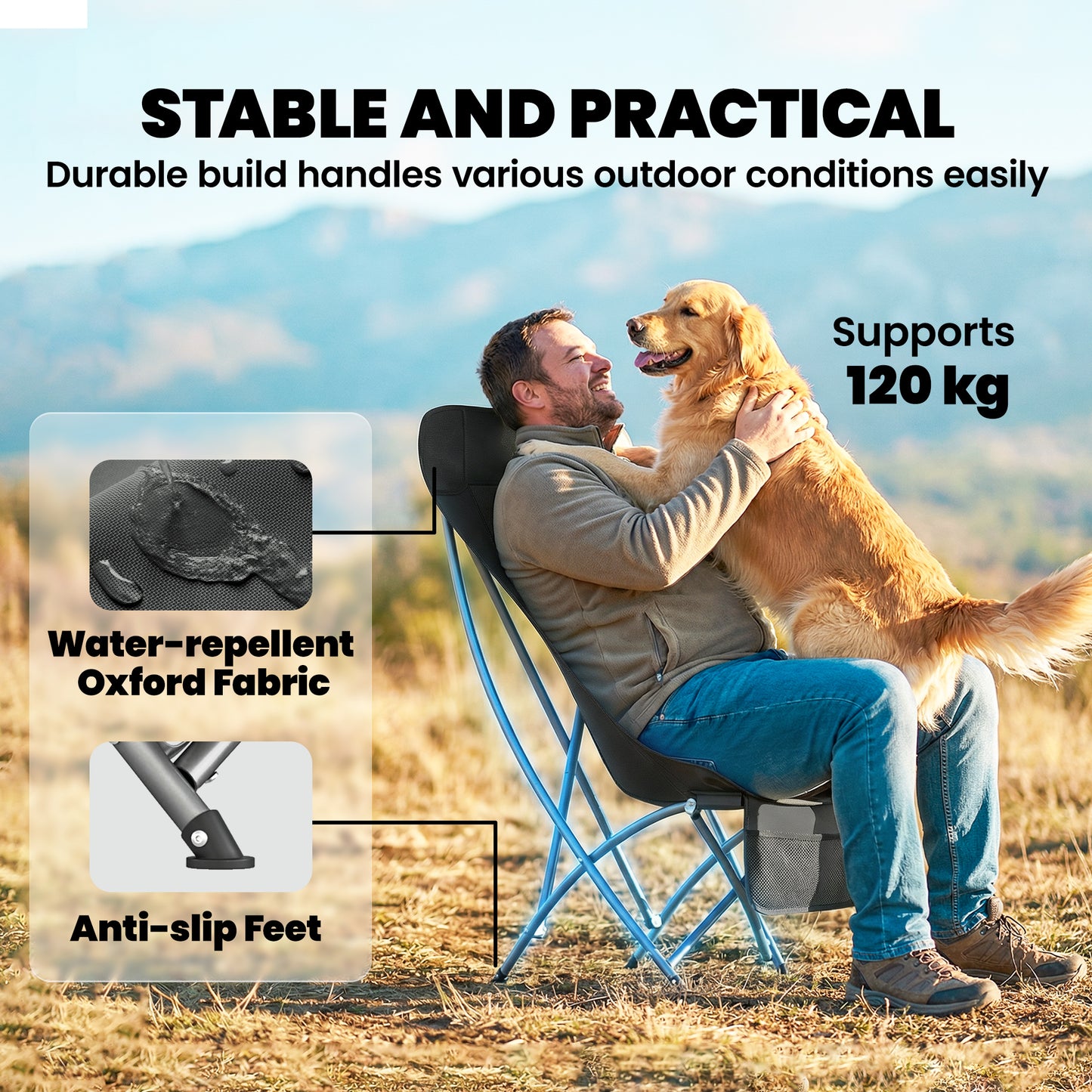 Camping Chair Portable with Side Pocket Black