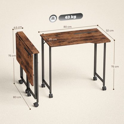 Small Writing Desk with Wheels, Folding Study Table, Rustic Brown