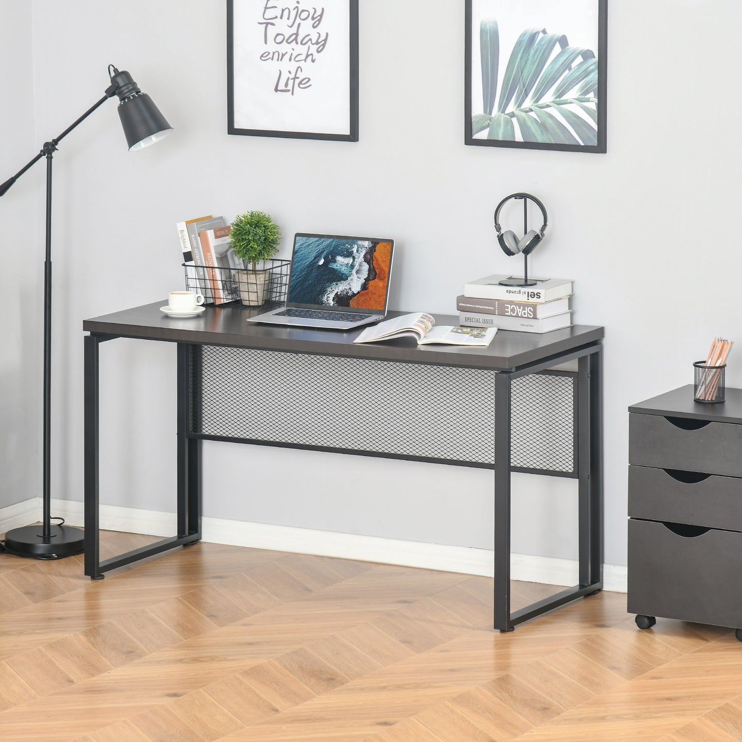 Wooden Computer Desk Study Standing Writing Table Workstation with Metal Frame, Brown