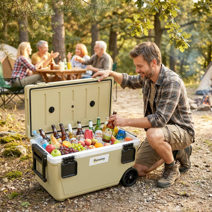 70L Insulated Cool Box with Wheels, Portable Ice Cooler, Khaki