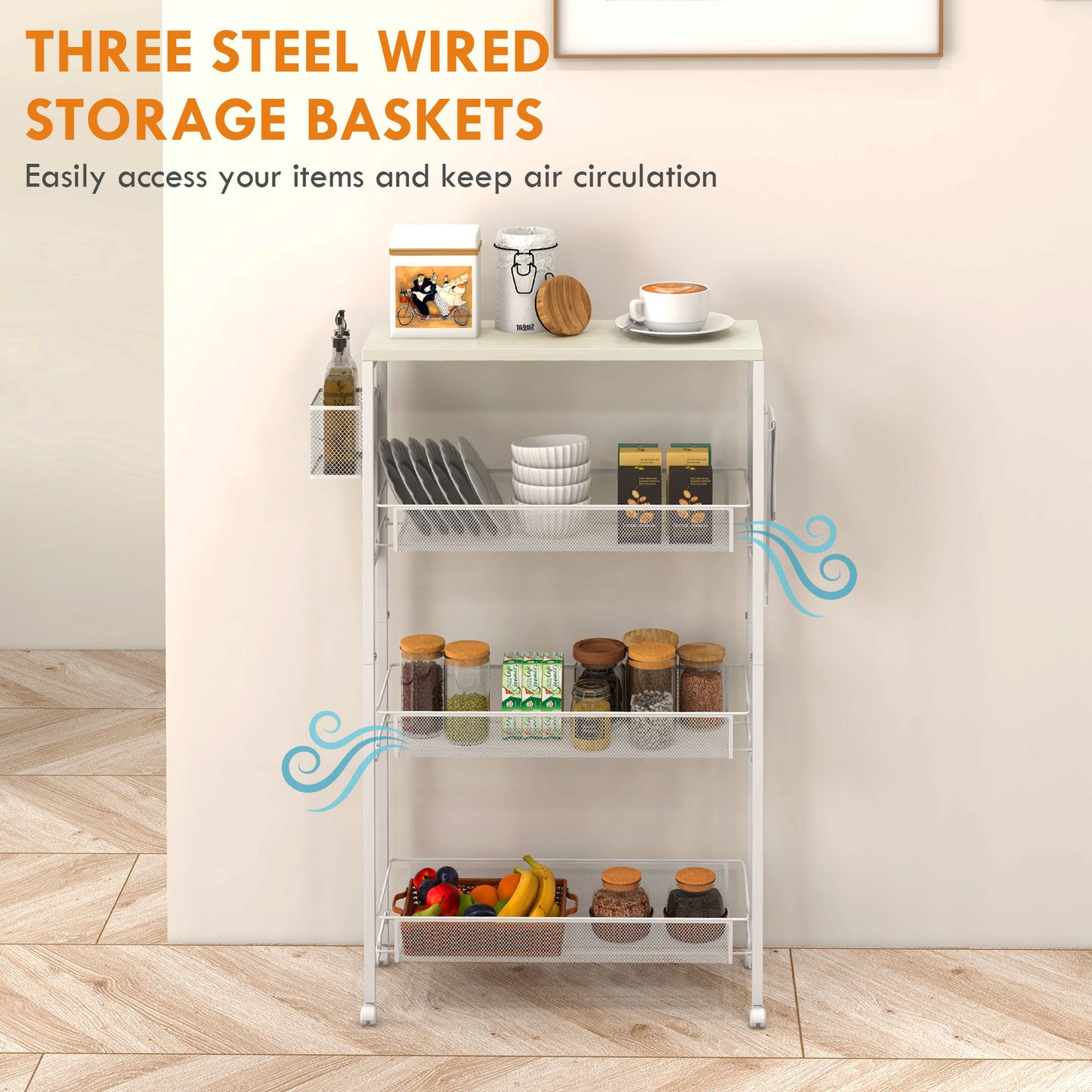 3-Tier Kitchen Cart, Multifunction Kitchen Trolley on Wheels, White