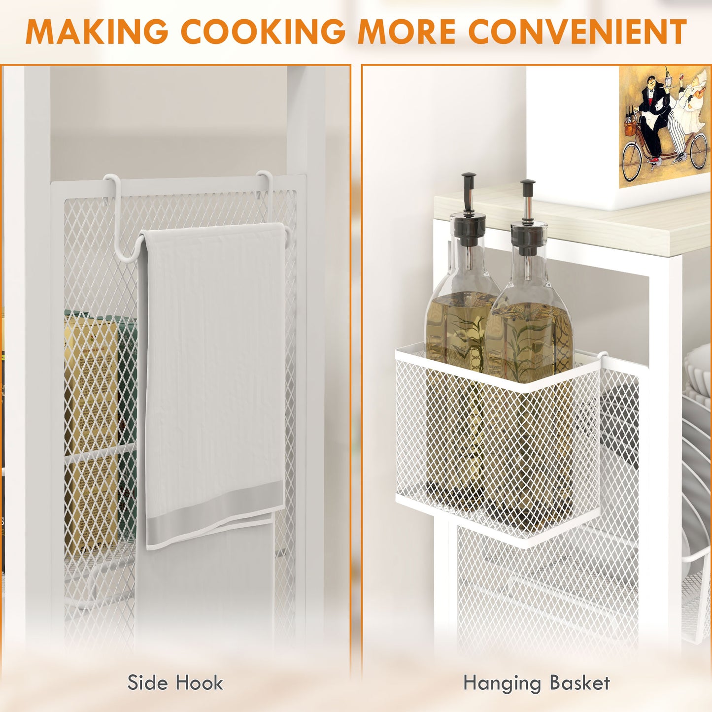 3-Tier Kitchen Cart, Multifunction Kitchen Trolley on Wheels, White