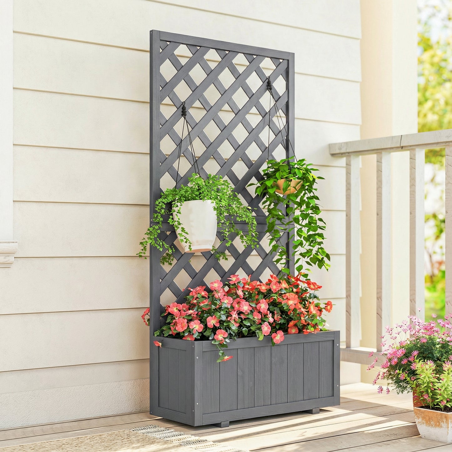 Wood Planter with Trellis for Climbing Plants, Grey