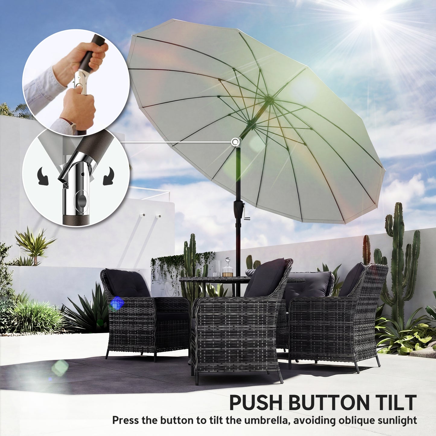 2m Shanghai Garden Parasol Umbrella, Outdoor Sun Shade, Light Grey