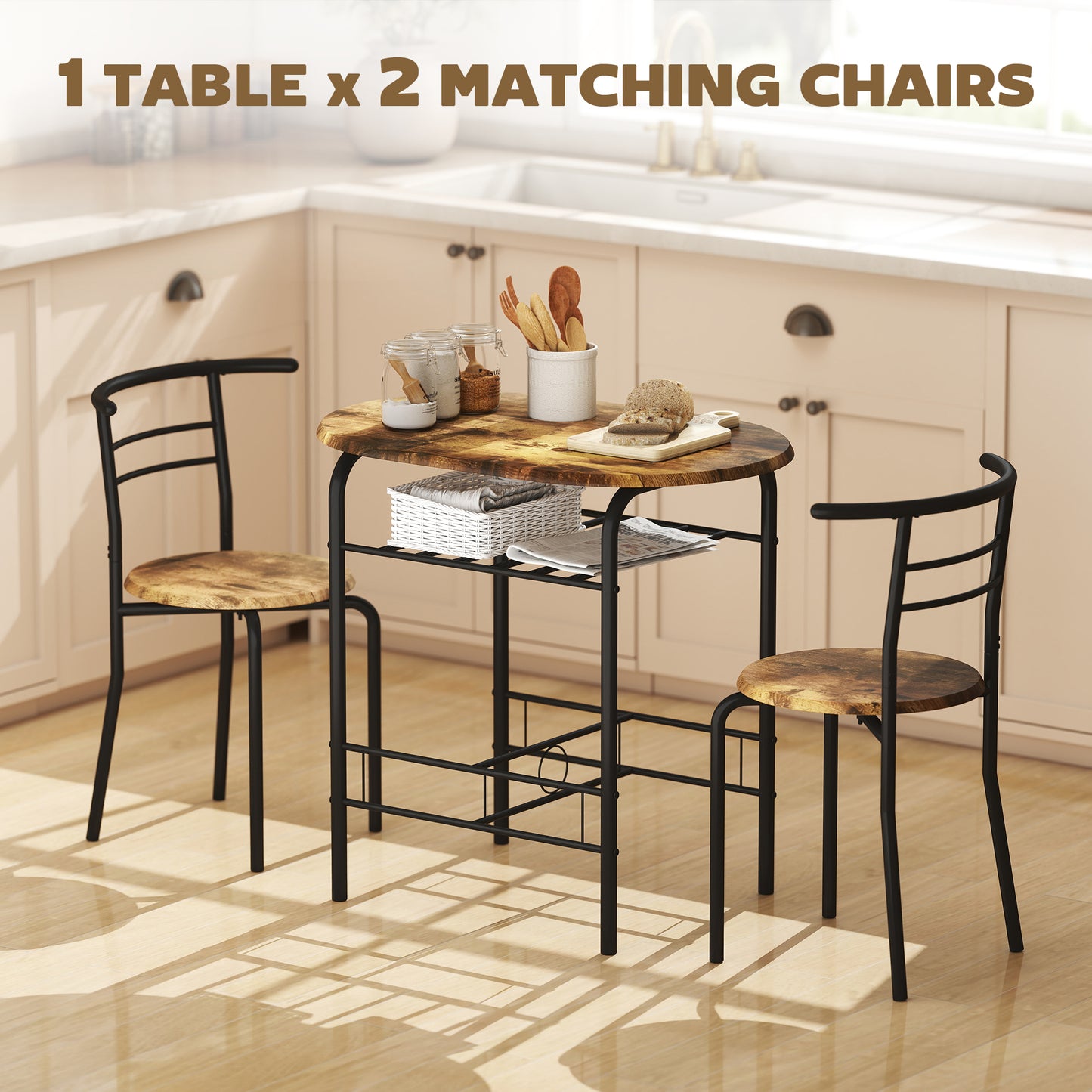 Breakfast Bar Table and Stools Set, Dining Room Set with Shelf