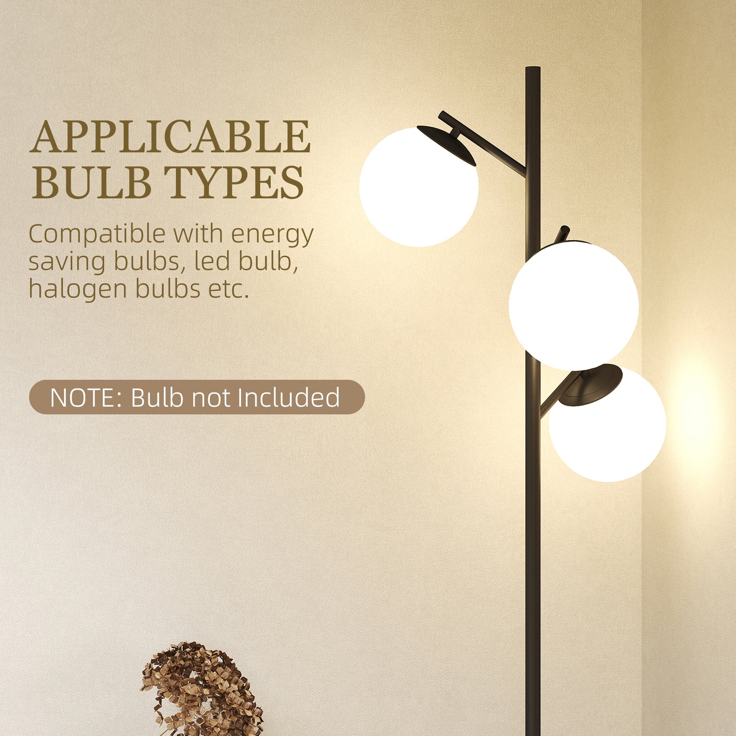 Modern Tree Floor Lamp with 3 Light, for Living Room Bedroom, Black