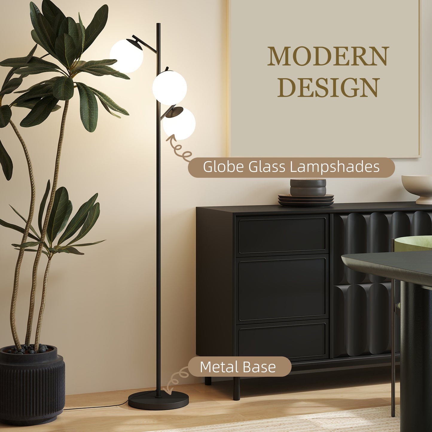 Modern Tree Floor Lamp with 3 Light, for Living Room Bedroom, Black