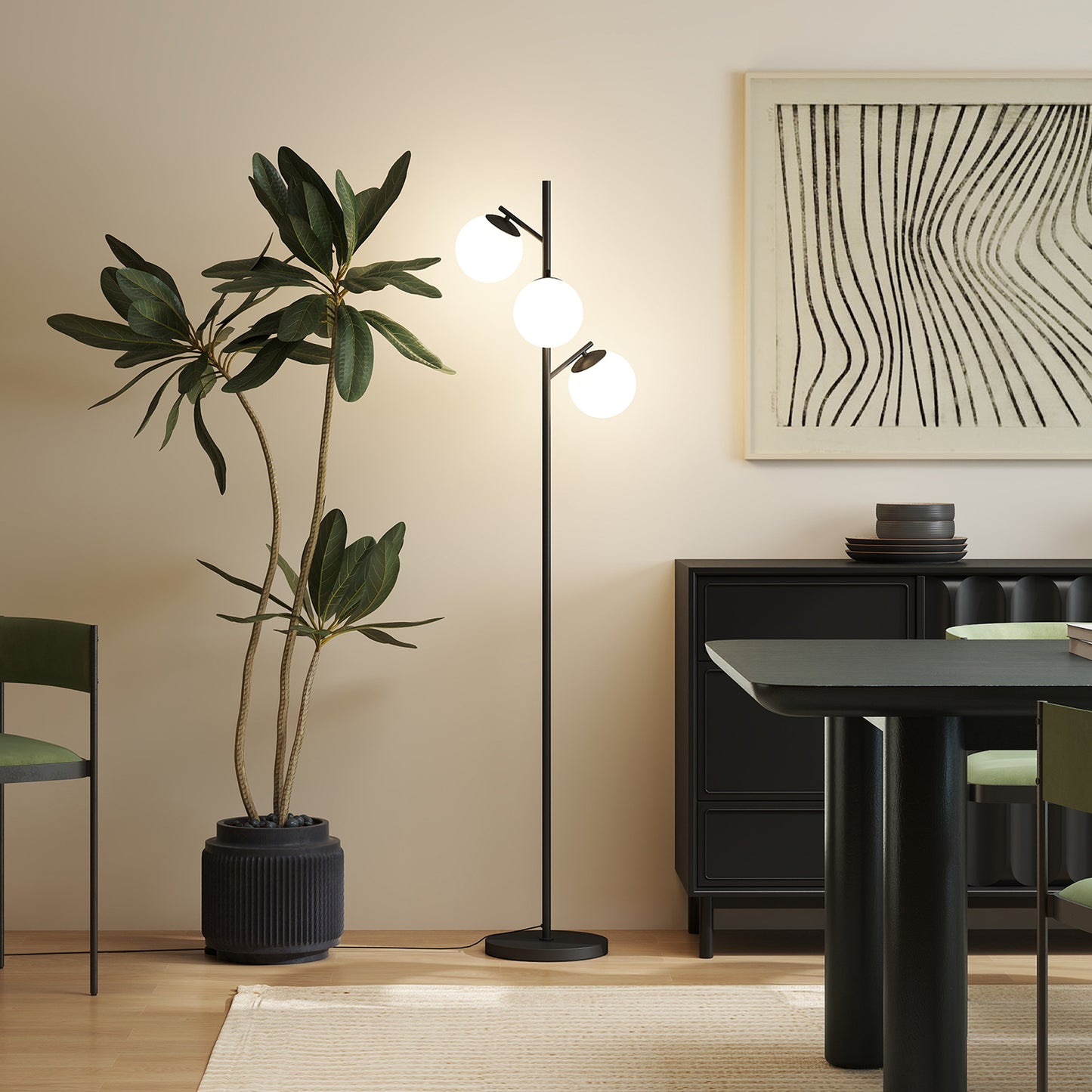 Modern Tree Floor Lamp with 3 Light, for Living Room Bedroom, Black