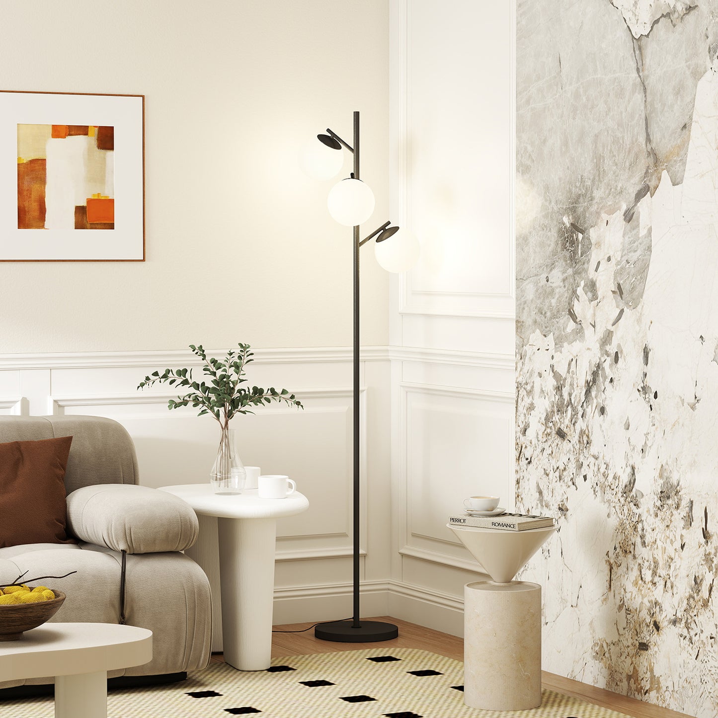 Modern Tree Floor Lamp with 3 Light, for Living Room Bedroom, Black