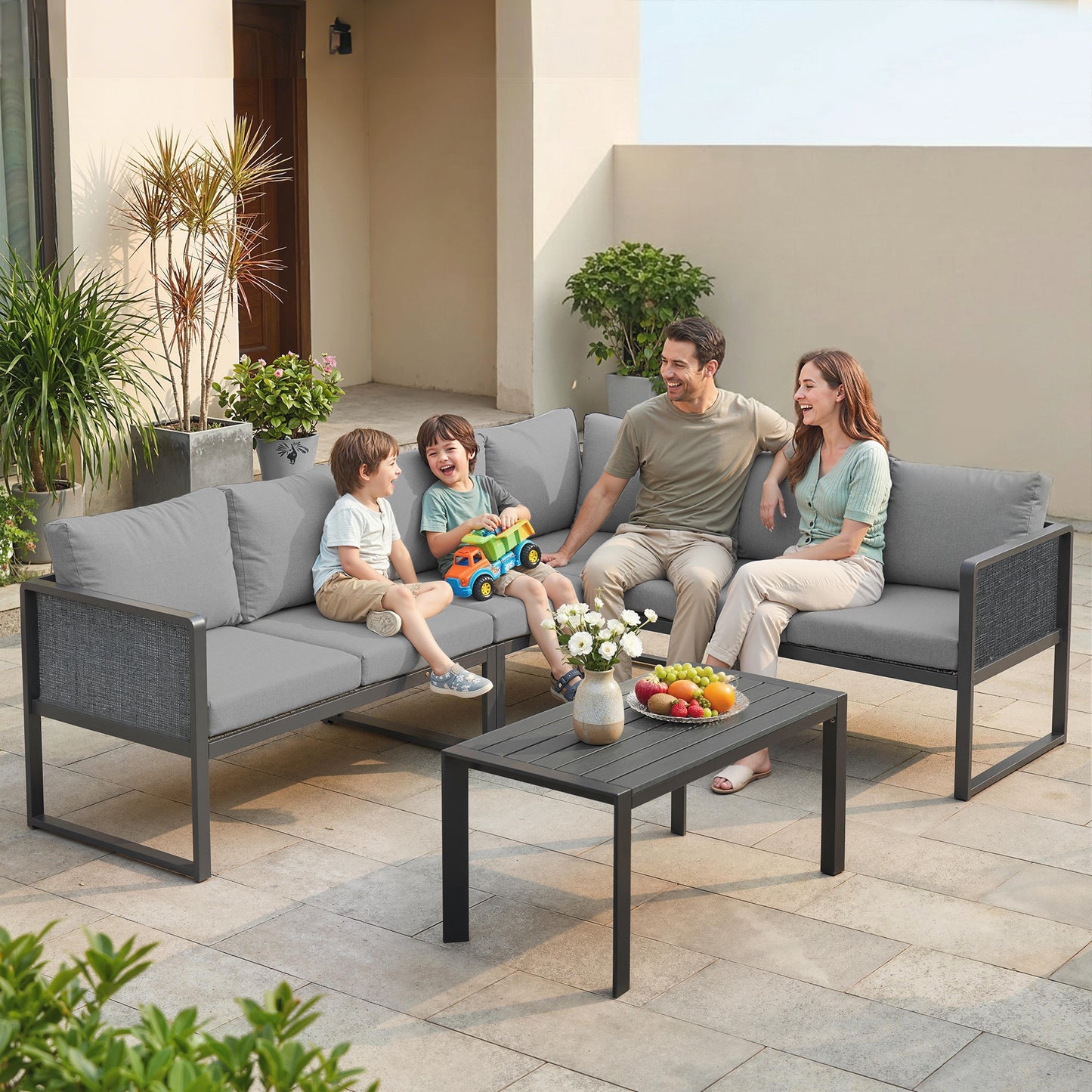 6 Seater Metal Garden Furniture Corner Sofa Set, Dark Grey