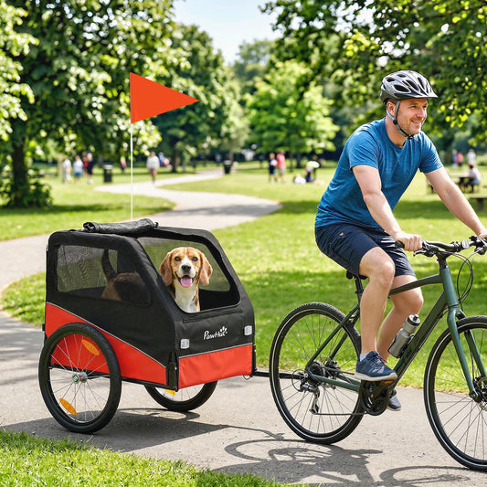 Dog Bike Trailer, Pet Cart Bicycle Carrier for Small and Medium Pets with 20" Inflatable Rubber Wheels, Universal Bicycle Coupler, Reflectors, Flag, Internal Leash, Support Up to 20kg, Red