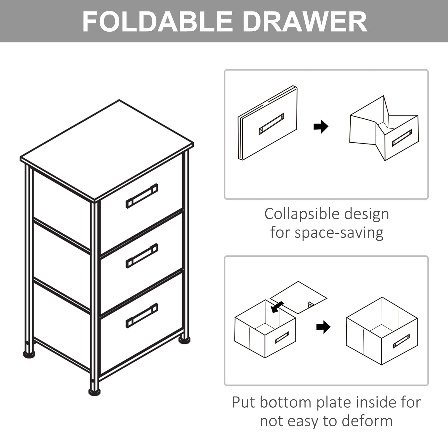 3-Tier Storage Dresser Tower with Adjustable Feet Steel Frame Home