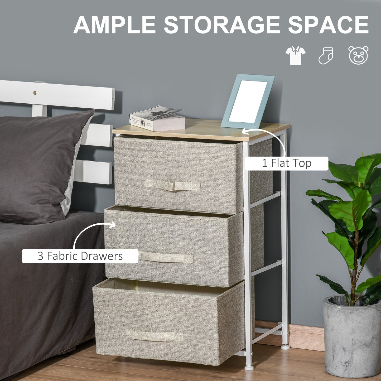 3-Tier Storage Dresser Tower with Adjustable Feet Steel Frame Home