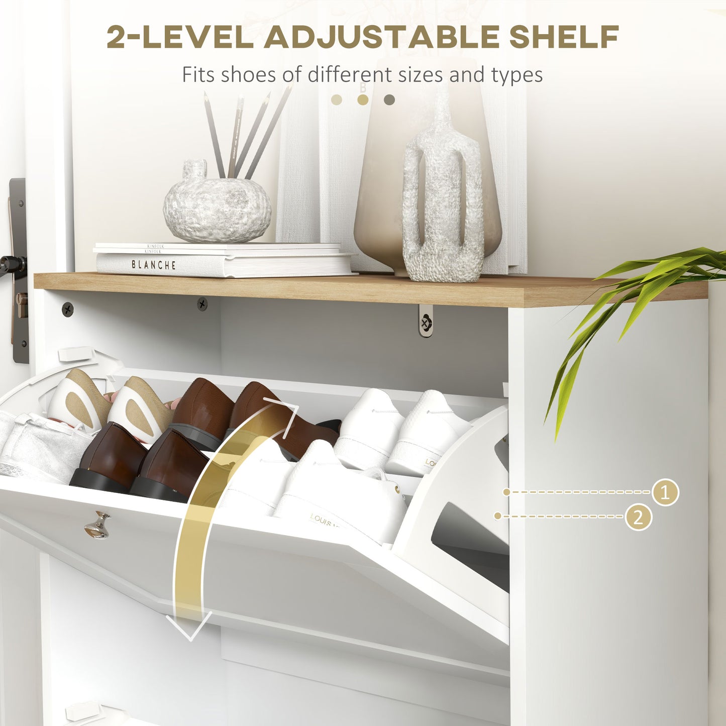 2 Flip Drawer Narrow Shoe Cabinet with Adjustable Shelves, White