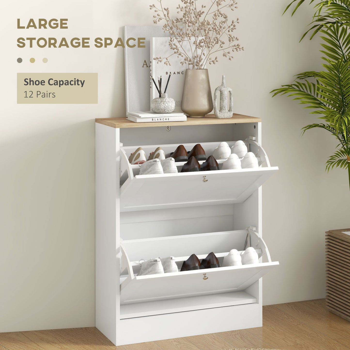 2 Flip Drawer Narrow Shoe Cabinet with Adjustable Shelves, White